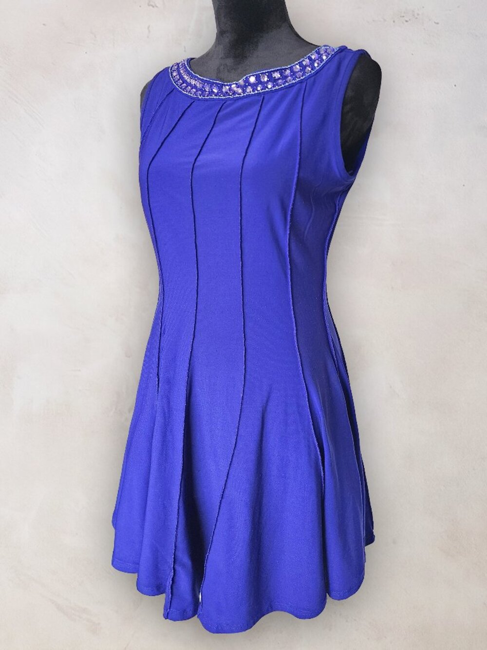 Vintage Y2K Forever 21 Royal Blue Purple Beaded Neckline Fit Flare Mini Dress